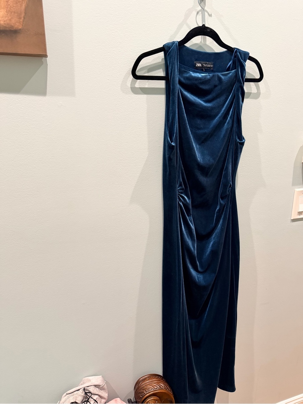 Zara Blue Velvet Draped Sleeveless Midi Dress Large